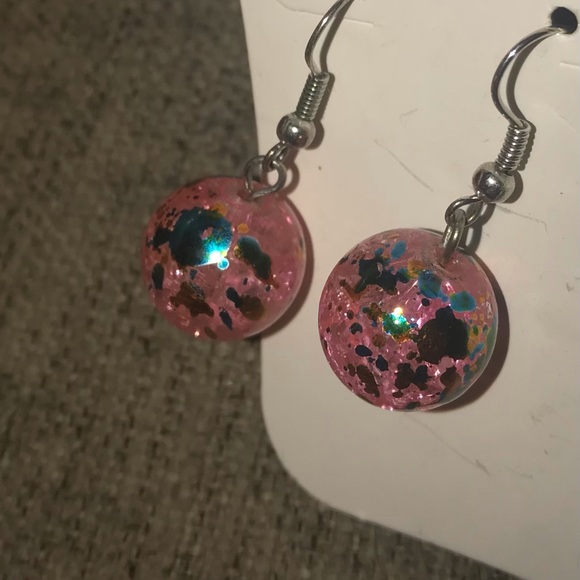 Paint Splatter Dome Ball Bubble Bauble Pink Sparkle Bead Dangle Earring Art Deco - Picture 4 of 8